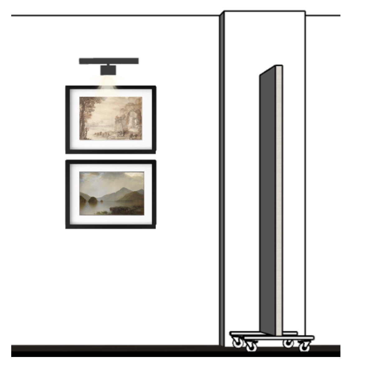 An entryway wall composition — two framed artworks beside a rolling display panel.