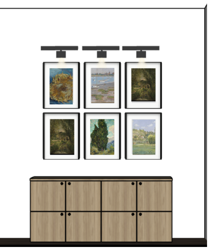 A grid of six framed landscape paintings above a timber credenza.