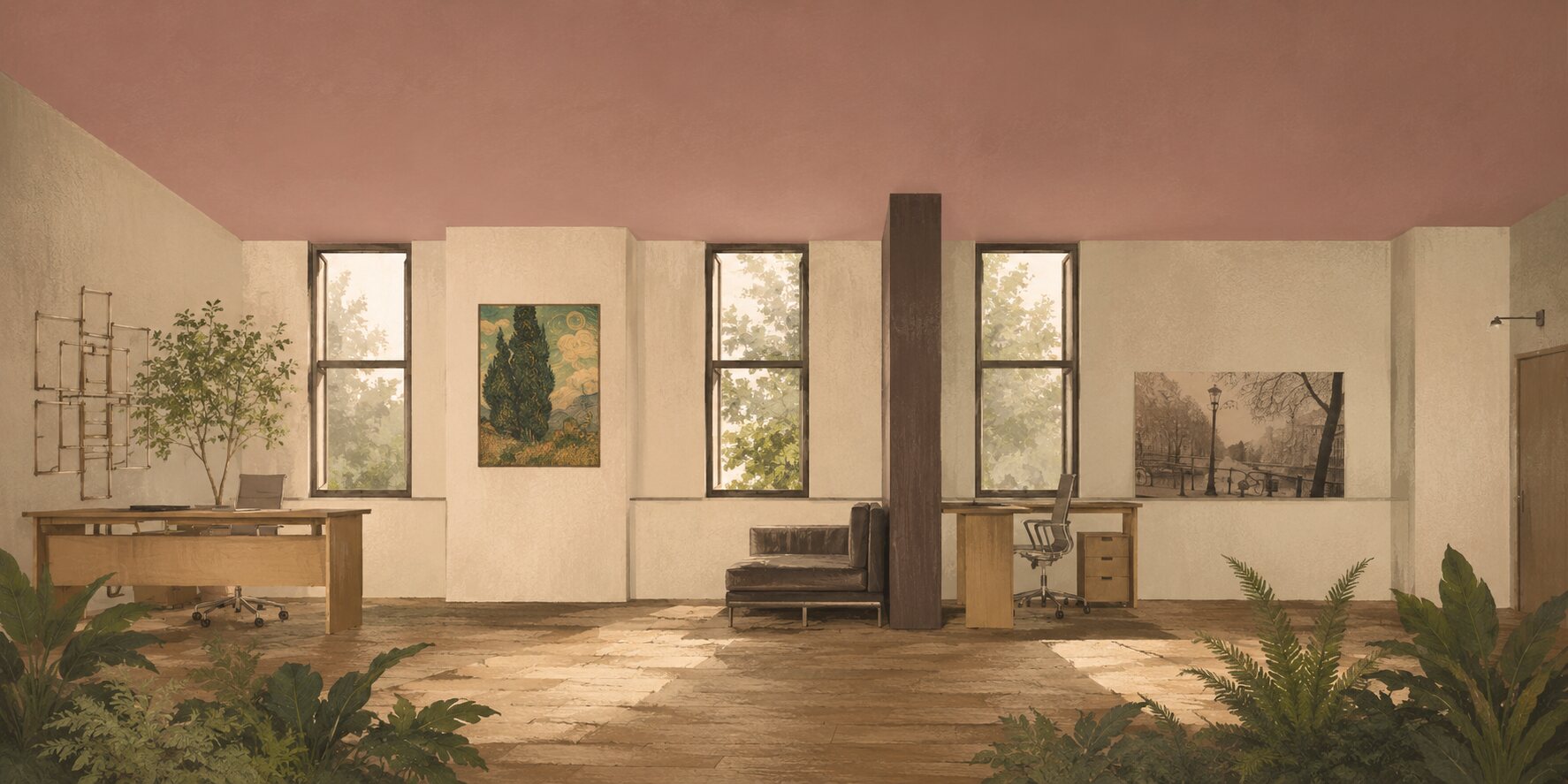 A warm, painterly interior of a financial office — framed art, tall windows, a stone floor and plants.
