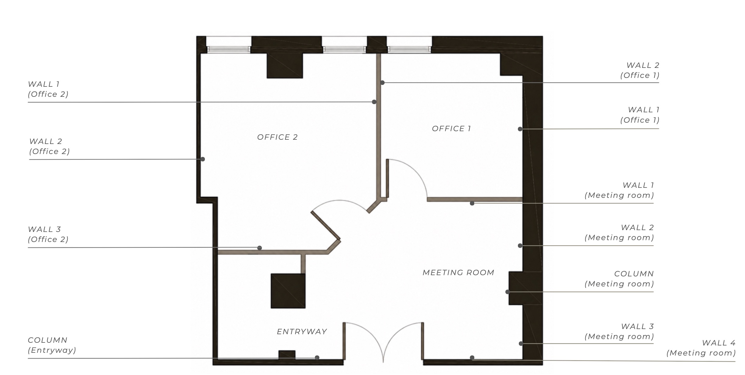 Annotated floor plan of the office identifying each wall.