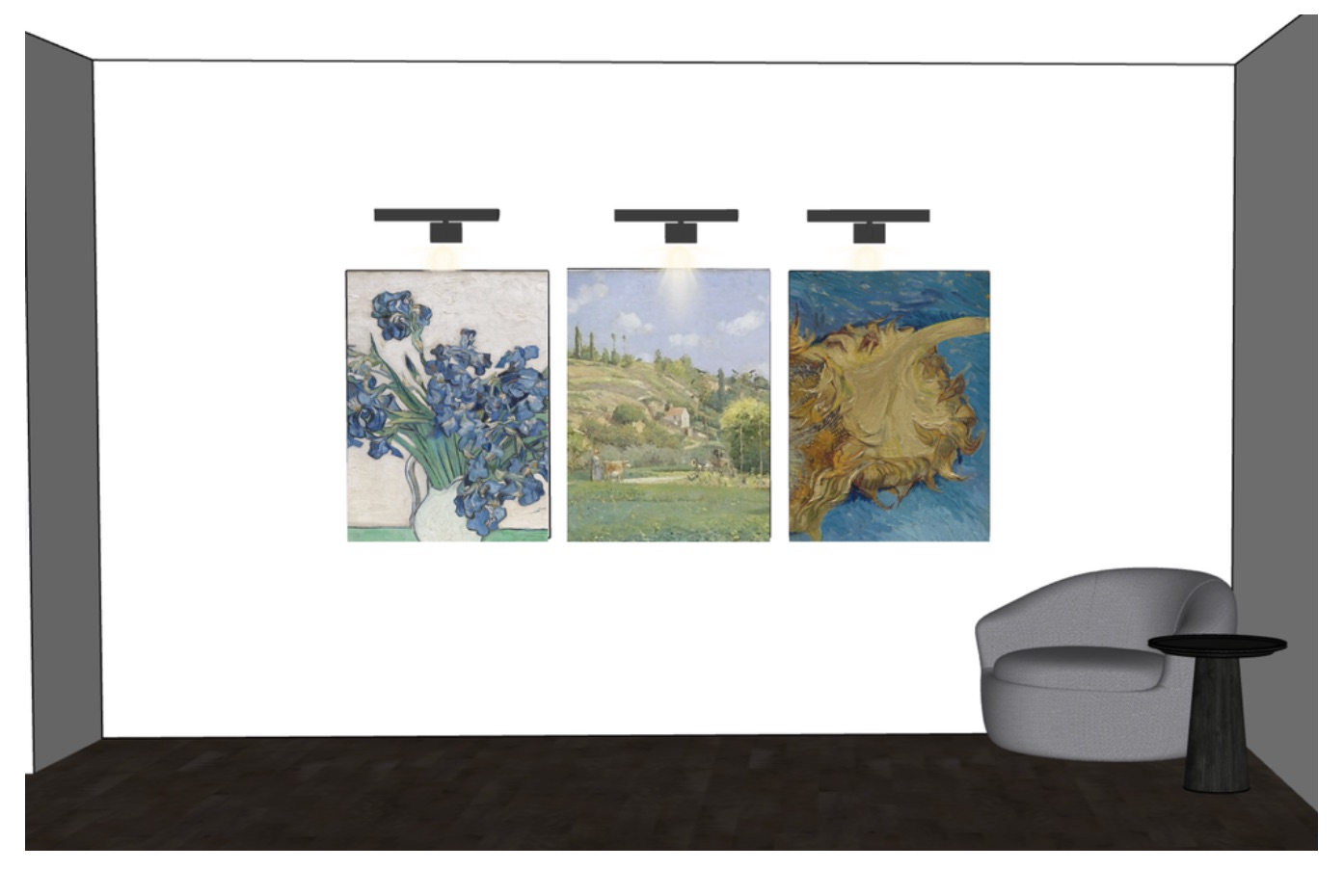 An office wall elevation with three framed paintings above a lounge chair.