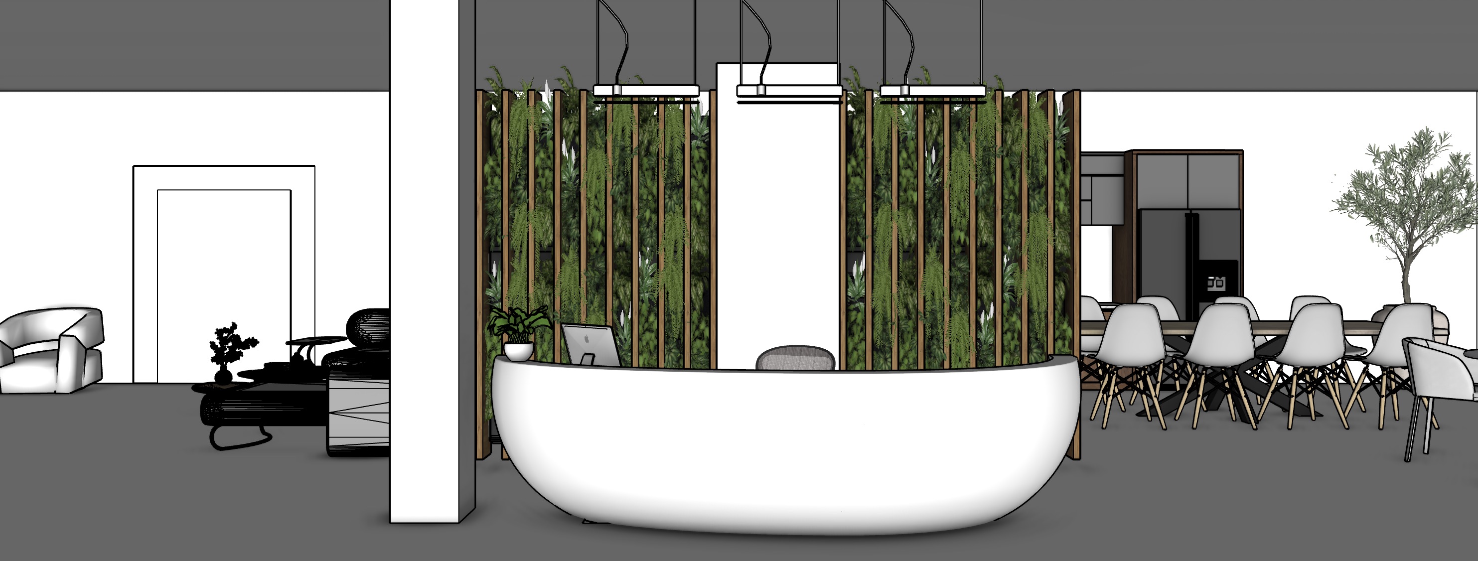 A reception elevation — a curved desk against a planted green wall.