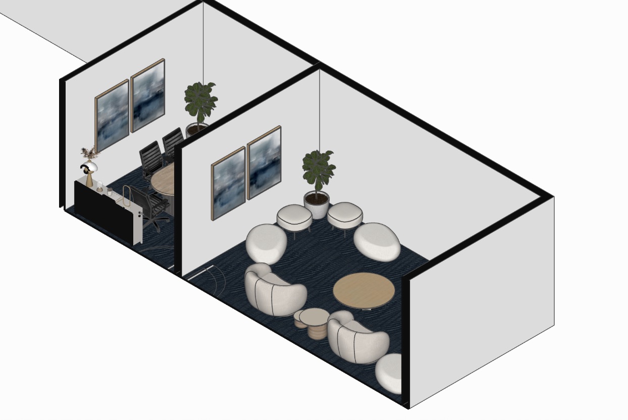 An axonometric cutaway of the meeting room with round tables and soft seating.