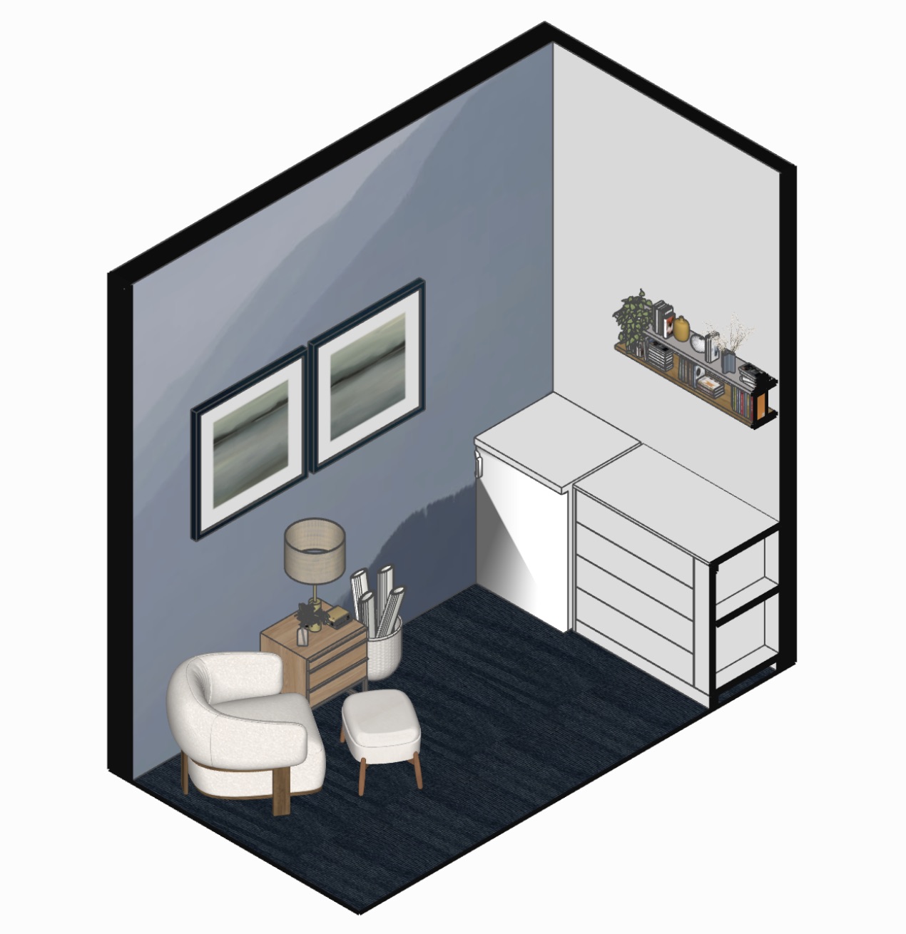 An axonometric of the focus room with soft seating, shelving and a blue floor.