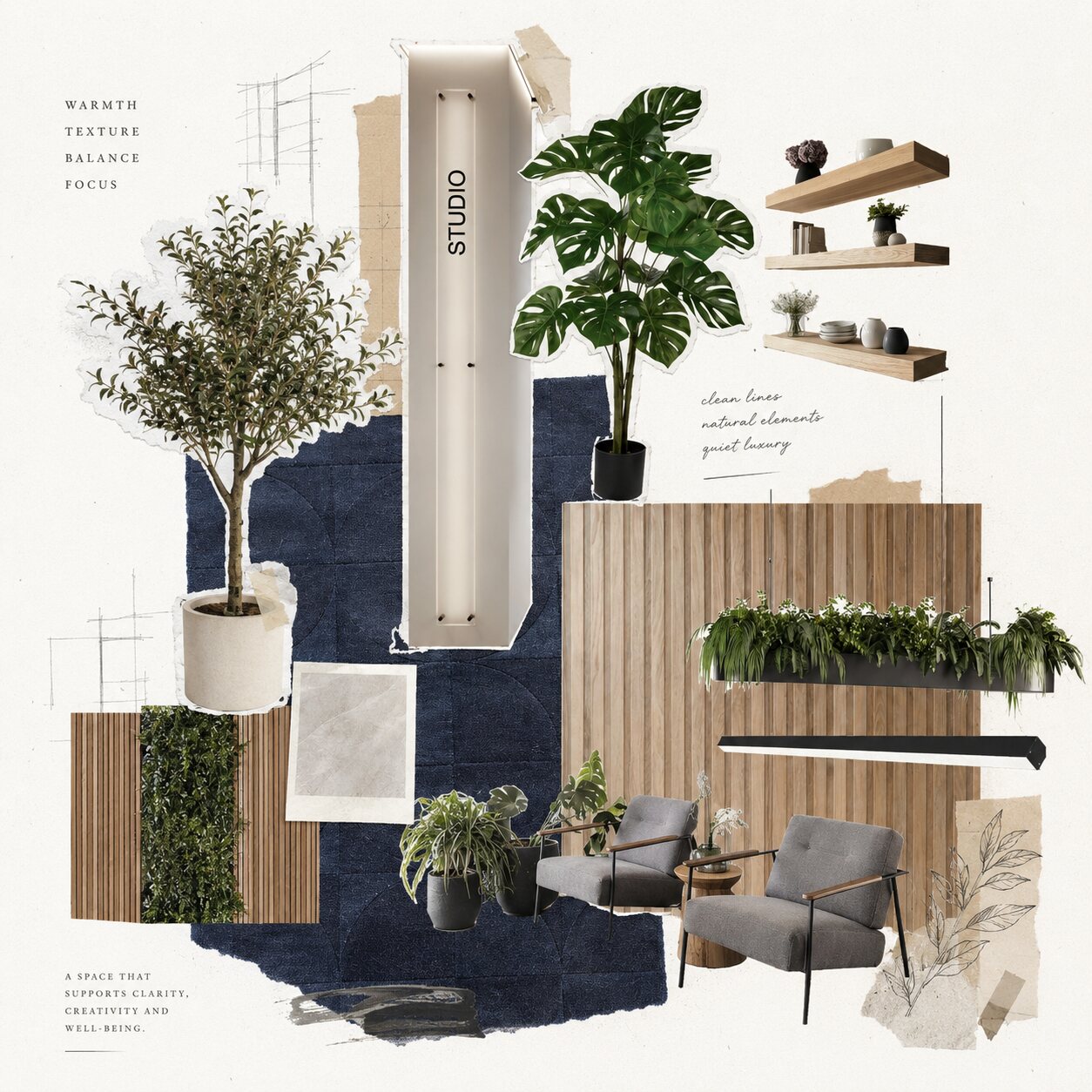 Material and mood board — warm wood, greenery, soft seating and deep blue carpet.