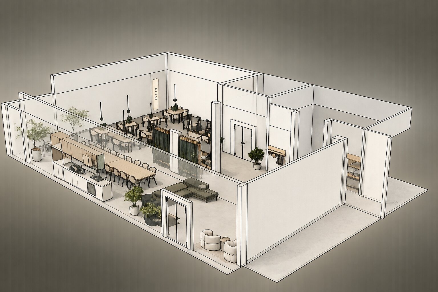 An axonometric render of the office floor.