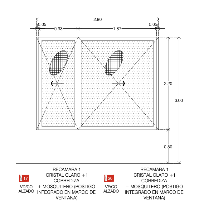 Detailed window elevation with mosquito screen.