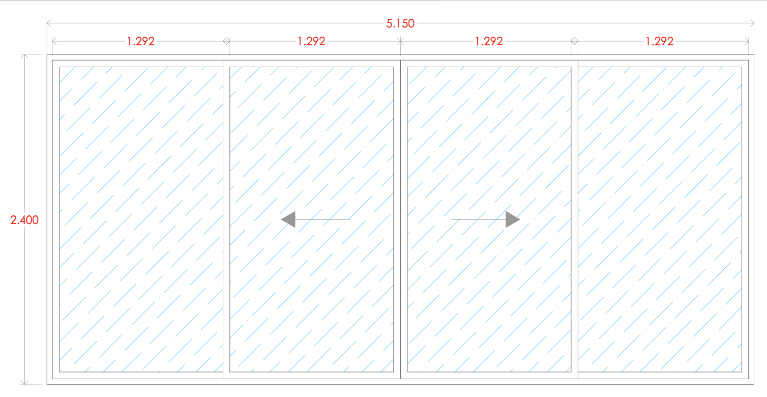 Technical glazing elevation of a sliding glass system.